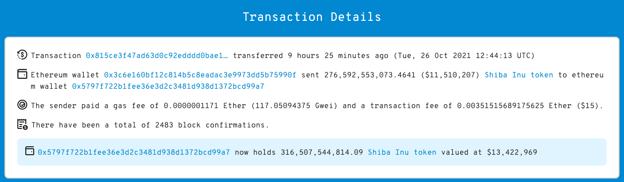 Ethereum whale transaction for purchase of $11.5 million worth of SHIB tokens